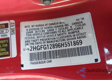 2006 Honda Civic Ex z USA, uszkodzony, nr VIN 2HGFG12896H551869